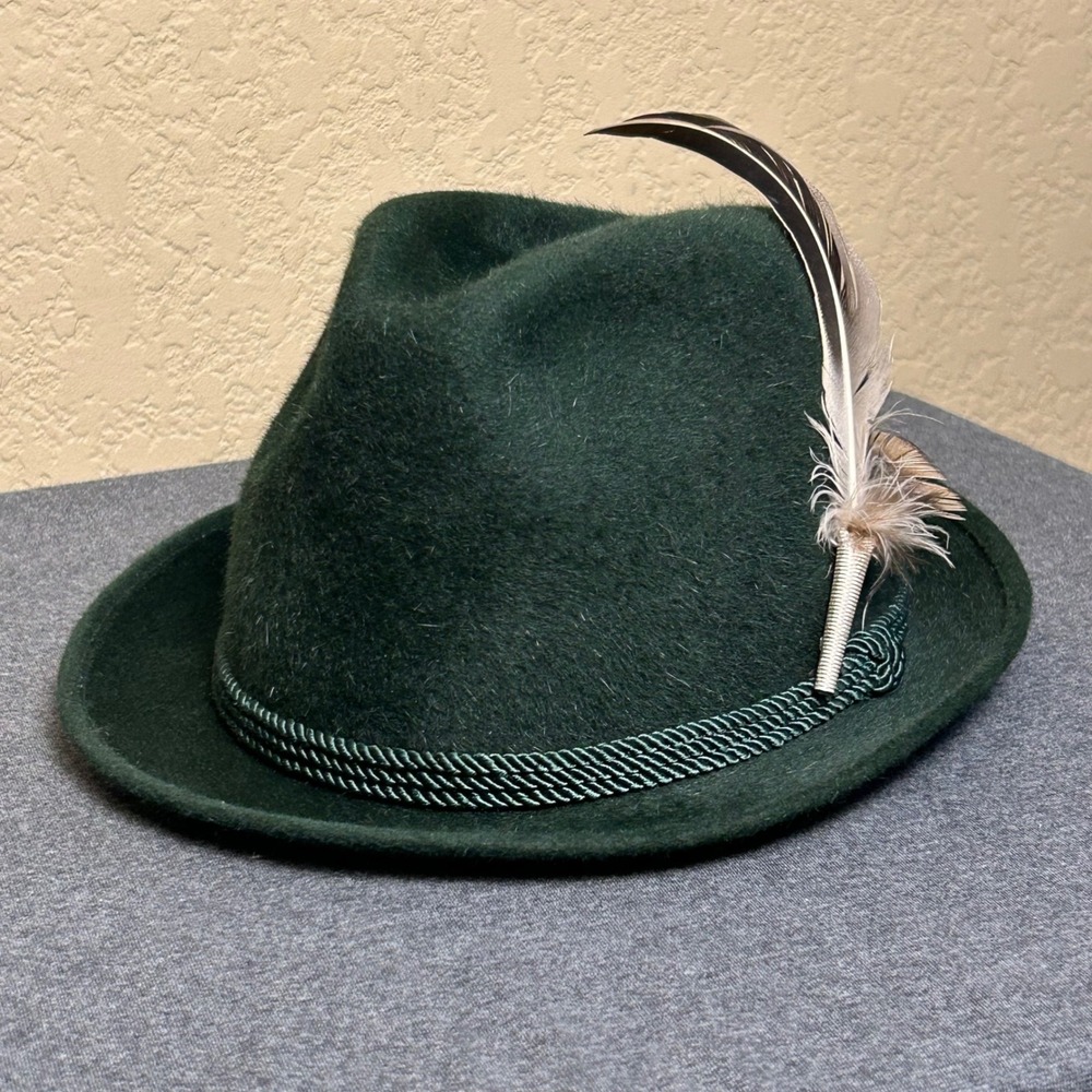 Vintage West Germany Bavarian Tyrolean Hat 56 Garmisch Green Felt Feather